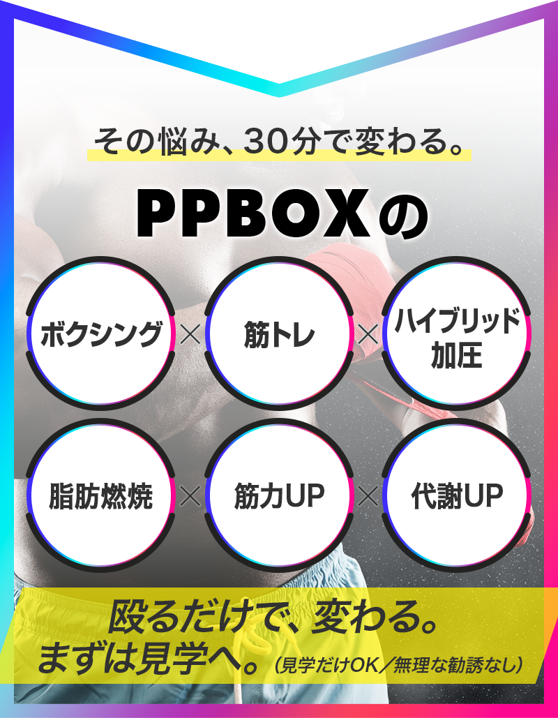 その悩み、30分で変わる。PPBOXのボクシングx筋トレxハイブリッド加圧、脂肪燃焼x筋力UPx代謝UP 殴るだけで、変わる。まずは見学へ。(見学だけOK／無理な勧誘なし)